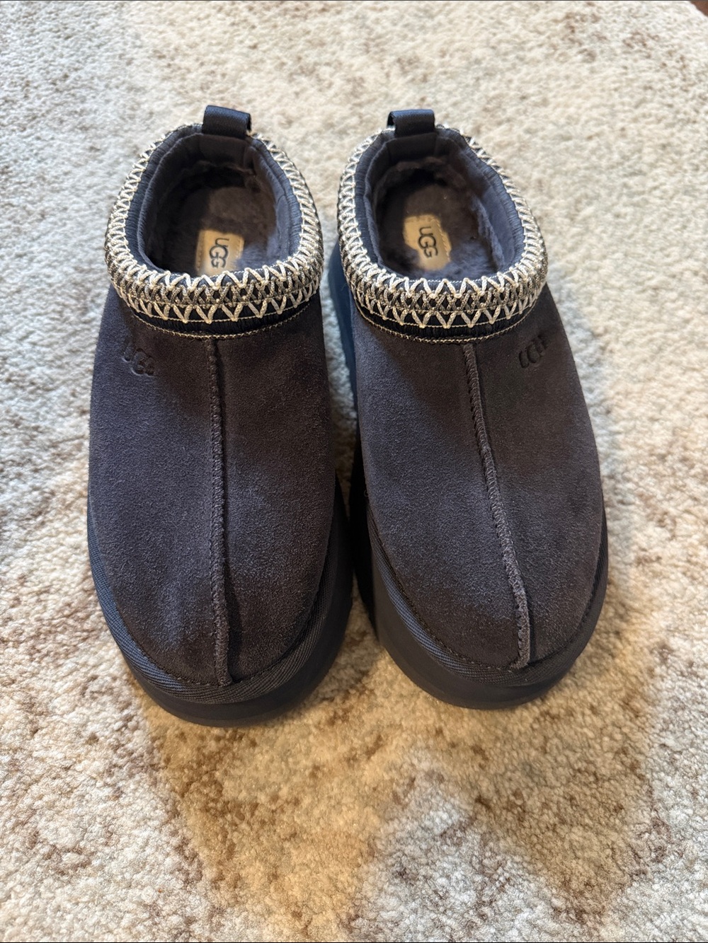 UGG Women’s Platform Slip-On Suede Slippers in Navy with Knit Trim
